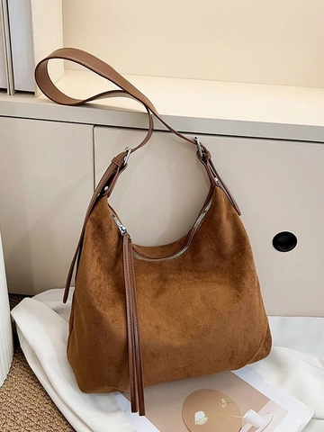 Vintage Large Capacity PU Faux Suede Shoulder Bag For Women Solid Color Hobo Tote Purse With Long Tassel Zipper Office Commute