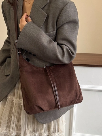 Vintage Large Capacity PU Faux Suede Shoulder Bag For Women Solid Color Hobo Tote Purse With Long Tassel Zipper Office Commute
