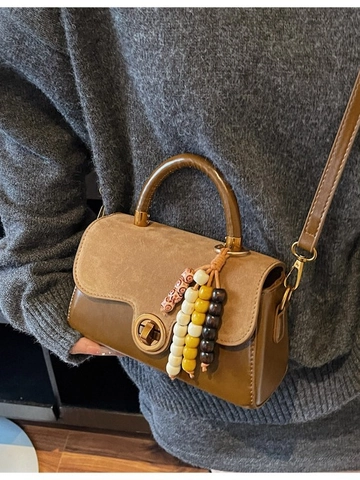 Borsa a Tracolla da Donna in Pelle PU Spliced Vintage Borsa a Mano Piccola Quadrata con Ciondolo in Perline di Legno