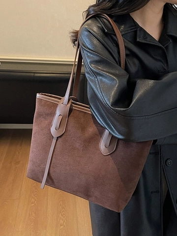 Women Vintage Suede Patchwork Tote Bag Large Capacity Leopard Print Shoulder Bag Fashion Casual Commuting Shopping Handbag