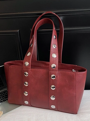 Bolso Tote Retro con Remaches para Mujer Gran Capacidad Bolso de Hombro de Cuero PU Moda Punk Bolso de Axila