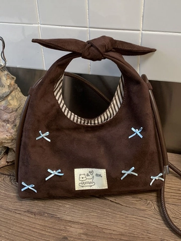 Borsa a Tracolla da Donna Vintage in Finta Scamosciata Grande Capacità Borsa Dumpling Con Fiocco Perla Artificiale Decorativa