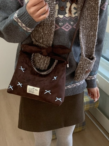 Borsa a Tracolla da Donna Vintage in Finta Scamosciata Grande Capacità Borsa Dumpling Con Fiocco Perla Artificiale Decorativa
