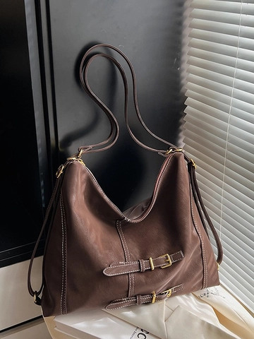 Große Kapazität PU Leder Tragetasche Für Damen Vintage Punk Schultertasche Mit Kontrastnähten Und Metallschnallen Hobo Tasche