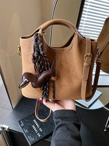 Retro Gematteerd PU Leer Bucketbag Voor Vrouwen Contraststiksel Crossbody Tas Met Teckel Hanger Draagbare Tote Tas