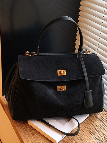 Vintage Damen Suede PU Leder Tote Bag Große Kapazität Retro Aktentasche Handtasche Goldschloss Umhängetasche Pendler Tasche