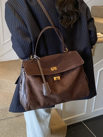 Vintage Damen Suede PU Leder Tote Bag Große Kapazität Retro Aktentasche Handtasche Goldschloss Umhängetasche Pendler Tasche