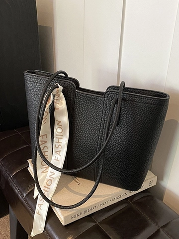 Bolso Tote de Cuero PU Grande para Mujer Moda Patrón de Lichi Bolso de Hombro Con Pañuelo Decorativo Bolso de Color Sólido