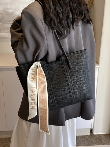 Bolso Tote de Cuero PU Grande para Mujer Moda Patrón de Lichi Bolso de Hombro Con Pañuelo Decorativo Bolso de Color Sólido