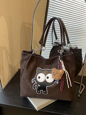 Women Large Capacity PU Leather Cartoon Cat Embroidery Tote Bag Casual Shoulder Bag With Plush Bear Charm Chain Handle