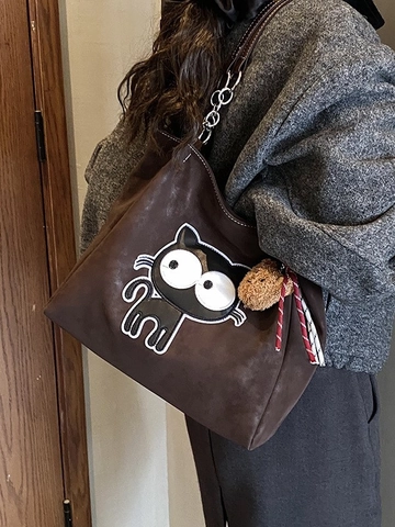 Women Large Capacity PU Leather Cartoon Cat Embroidery Tote Bag Casual Shoulder Bag With Plush Bear Charm Chain Handle