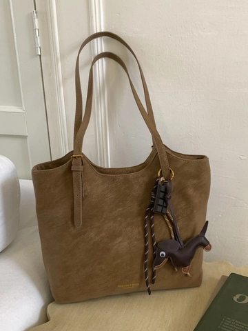 Women Large Capacity PU Leather Tote Bag Vintage Minimalist Commuter Shoulder Bag With Animal Charm Solid Color Handbag