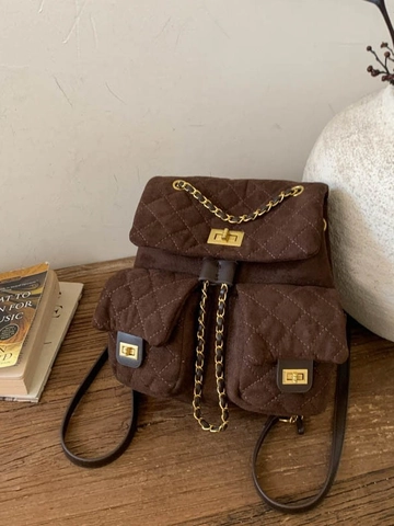 Zaino da Donna alla Moda in PU Scamosciato Trapuntato a Rombi Vintage Catena d'Oro Chiusura a Girello Mini Zaino Elegante Borsa a Spalla