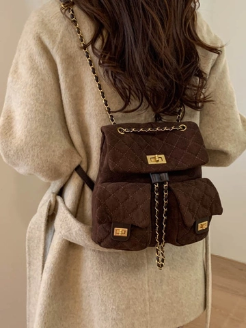Zaino da Donna alla Moda in PU Scamosciato Trapuntato a Rombi Vintage Catena d'Oro Chiusura a Girello Mini Zaino Elegante Borsa a Spalla