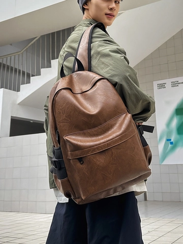 Mochila de Cuero PU Vintage de Gran Capacidad para Mujeres Estudiantes Universitarias Bolso de Viaje de Color Sólido Resistente
