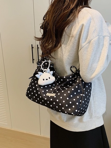 Damen Polka Dot Canvas Dumpling Tasche Koreanischer Stil Gefaltete Riemen Schultertasche Casual Tote Handtasche Mit Plüsch Anhänger