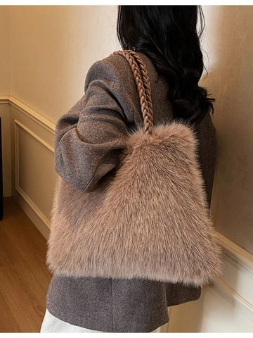 Bolso Tote de Peluche de Gran Capacidad para Mujer Bolso de Hombro de Piel Sintética Otoño Invierno Con Asa Trenzada Color Sólido