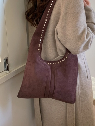 Borsa a Spalla Hobo Vintage in Camoscio da Donna Grande Capacità Con Rivetti Borsa Tote Retro Minimalista Quotidiana