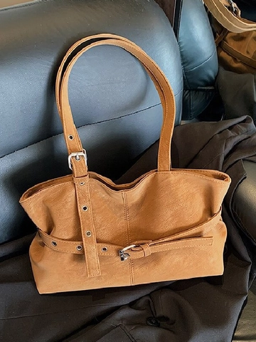 Women's PU Leather Shoulder Bag Large Capacity Vintage Underarm Bag With Belt Buckle Decor Adjustable Commuter Tote Bag