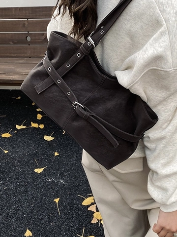 Women's PU Leather Shoulder Bag Large Capacity Vintage Underarm Bag With Belt Buckle Decor Adjustable Commuter Tote Bag