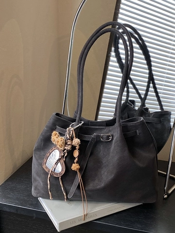 Borsa Tote da Donna Grande Capacità in Ecopelle Scamosciata Vintage Minimalista Borsa a Spalla Con Ciondolo Cuore Leopardato