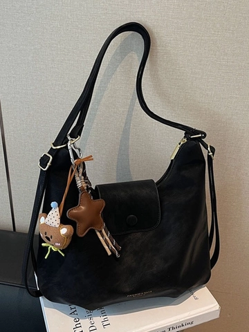 Sac à Épaule en Cuir PU pour Femmes Grande Capacité Tendance Style Coréen Vintage Hobo Tote Avec Charme Ours Dessin Animé Main Mode