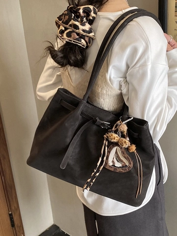 Borsa Tote da Donna Grande Capacità in Ecopelle Scamosciata Vintage Minimalista Borsa a Spalla Con Ciondolo Cuore Leopardato