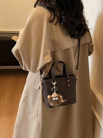 Vintage PU Leather Bucket Bag For Women Fashion Crossbody Handbag With Plush Monster Charm Solid Color Small Tote Shoulder Bag