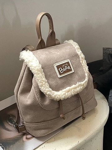 Mini Sac à Dos en Suède pour Femmes Avec Bordure en Laine d'Agneau Artificielle Sac Casual Rétro Automne Hiver Quotidien