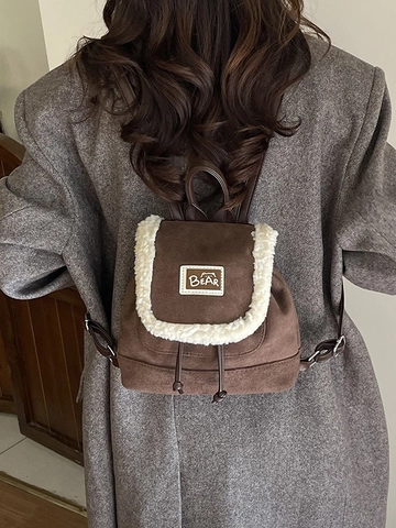 Mini Sac à Dos en Suède pour Femmes Avec Bordure en Laine d'Agneau Artificielle Sac Casual Rétro Automne Hiver Quotidien