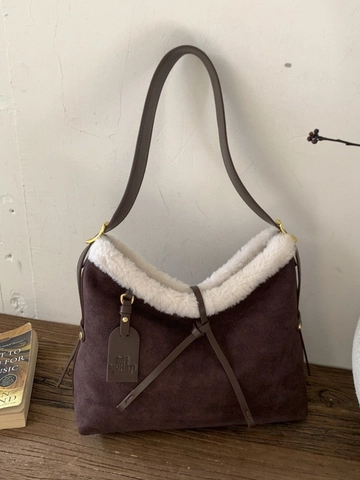 Vintage Faux Suede Bucket Bag For Women Faux Fur Trim Monogram Pattern Crossbody Bag Fashion Shoulder Bag Winter Satchel