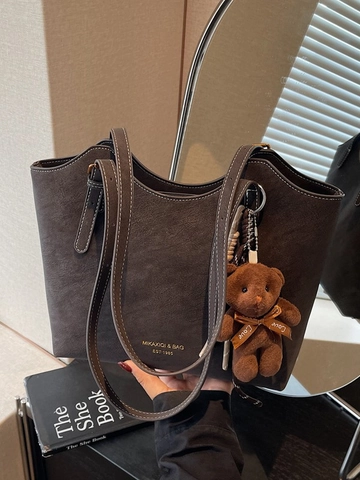Retro Large PU Leather Tote Bag For Women With Plush Bear Pendant Frosted Commute Shoulder Bag Contrast Stitching