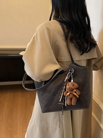 Retro Large PU Leather Tote Bag For Women With Plush Bear Pendant Frosted Commute Shoulder Bag Contrast Stitching