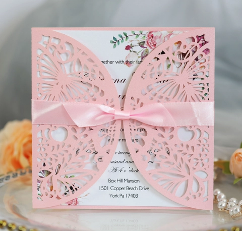 Élégant Ensemble De Cartes D'Invitation De Mariage Découpées Au Laser Papillon Européen Avec Ruban Papier Perlé Invitations De Fête