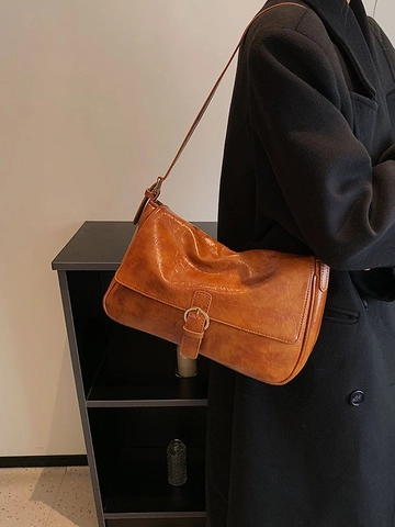 Borsa Sottobraccio in Pelle PU Vintage per Donna Borsa a Tracolla a Grande Capacità Texture a Cera d'Olio Retro Handbag
