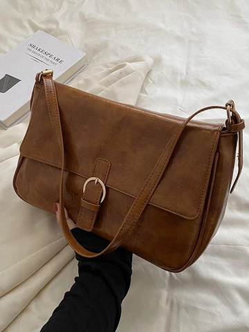 Borsa Sottobraccio in Pelle PU Vintage per Donna Borsa a Tracolla a Grande Capacità Texture a Cera d'Olio Retro Handbag