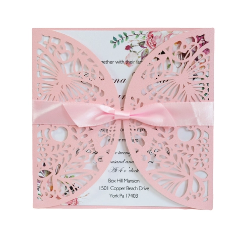 Elegant Laser Cut Butterfly Wedding Invitations Pearlescent Paper Invitation Cards With Ribbon Bow For Engagement Party