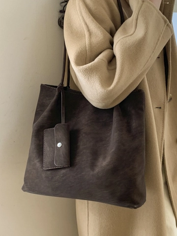 Grand Sac Cabas en Cuir PU pour Femmes Minimaliste Rétro Sac à Épaule Mat Avec Pochette Assortie Sac à Main Décontracté