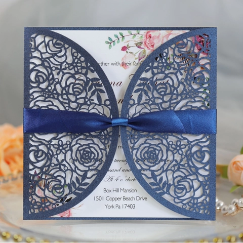 Elegant Laser Cut Rose Flower Wedding Invitation Cards With Ribbon Bow Pearl Paper Hollow Greeting Card Shell For Marriage Party