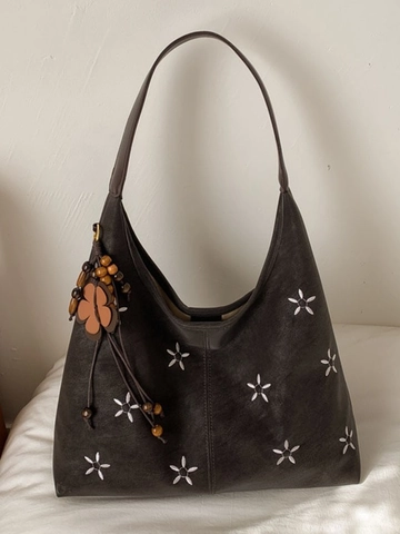 Vintage PU Leder Blumen Stickerei Große Tote Bag Für Damen Mit Holzperlen Anhänger Lässige Schulter Hobo Pendeltasche