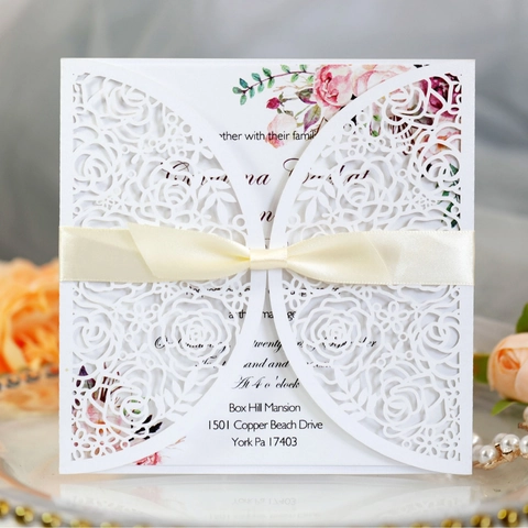 Elegant Laser Cut Rose Flower Wedding Invitation Cards With Ribbon Bow Pearl Paper Hollow Greeting Card Shell For Marriage Party