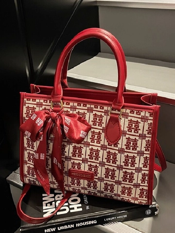 Damen Hochzeit Rote Einkaufstasche Doppeltes Glück Jacquard Große Kapazität Schultertasche Mit Schleifenverzierung Handtasche Für Braut