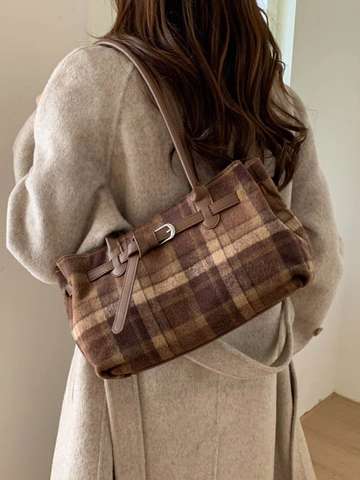 Borsa Tote Vintage a Grande Capacità per Donna in Pelle PU a Quadri Borsa a Tracolla Autunno Inverno Borsa Sottobraccio Fibbia