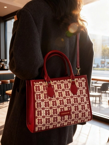 Damen Hochzeit Rote Einkaufstasche Doppeltes Glück Jacquard Große Kapazität Schultertasche Mit Schleifenverzierung Handtasche Für Braut