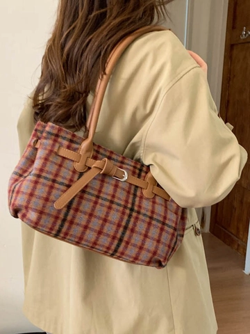 Borsa Tote Vintage a Grande Capacità per Donna in Pelle PU a Quadri Borsa a Tracolla Autunno Inverno Borsa Sottobraccio Fibbia