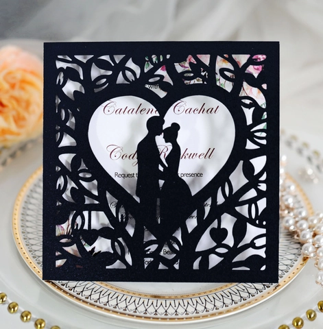 Tarjetas de Invitación de Boda con Corte Láser Europeo Silueta de Pareja de Corazón Invitaciones de Papel Perlado con Sobres para Celebración de Matrimonio