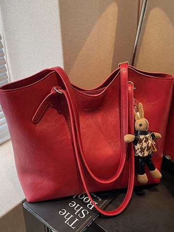 Bolso de Mano de Cuero PU de Gran Capacidad para Mujer Con Colgante de Conejo Retro Color Sólido Costura Bolso de Hombro para Oficina Escuela Diaria