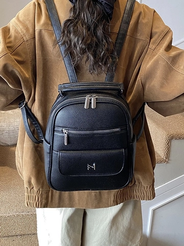 Fashion Women PU Leather Backpack Litchi Texture Multi Pocket Mini Travel Bag With Silver Hardware Casual Backpack For Daily