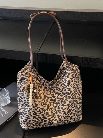 Borsa Tote da Donna a Stampa Leopardata di Grande Capacità Borsa a Spalla in Tela Resistente Con Fibbia Magnetica Handbag Casual