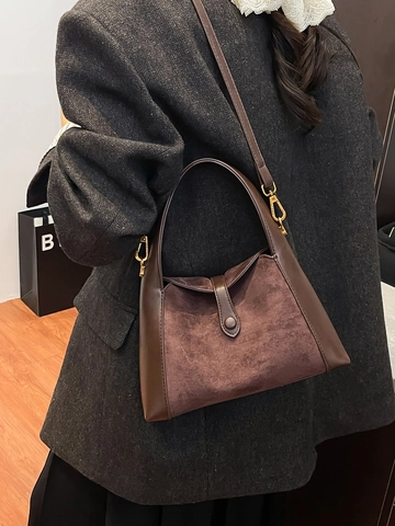 Damen Retro PU Wildleder Splicing Handtasche High-End Pendeln Schulter Umhängetasche Goldene Hardware Kleine Quadratische Tasche